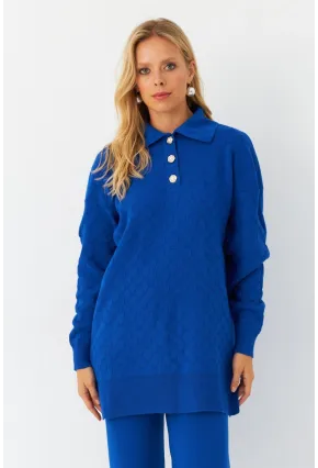 Kadın Saks İnci Düğmeli Triko Alt Üst Takım MNUV33