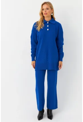 Kadın Saks İnci Düğmeli Triko Alt Üst Takım MNUV33