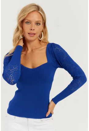 Kadın Saks Kalp Yaka Ajurlu Triko Bluz SMT217