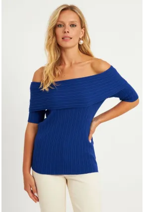 Kadın Saks Madonna Yaka Triko Bluz KZ538