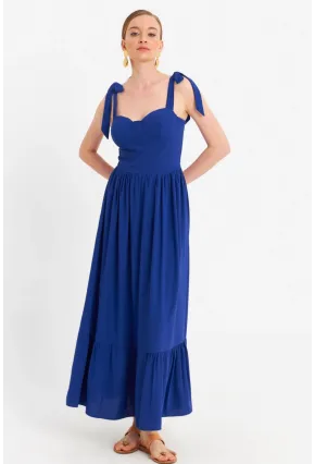 Kadın Saks Pileli Maxi Elbise ERL100