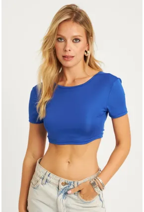 Kadın Saks Sırtı Açık Crop Bluz CG358