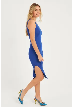 Kadın Saks Tek Omuz Midi Elbise CG343