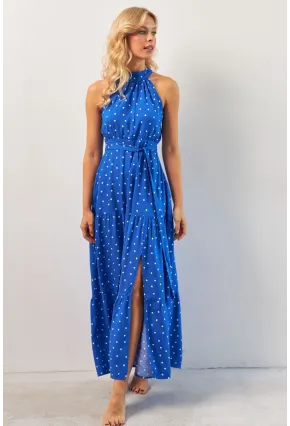 Kadın Saks Yırtmaçlı Puantiyeli Midi Elbise KED4233