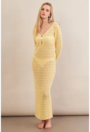 Kadın Sarı Aksesuarlı Triko Plaj Elbisesi KZ3237-90
