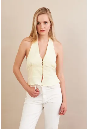 Kadın Sarı Boyun Bağlamalı Keten Yelek FS129