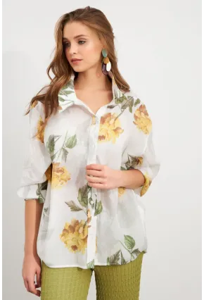 Kadın Sarı Çiçek Desenli İnce Keten Gömlek MCAR1068