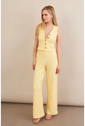 Kadın Sarı Gofre Yelek Pantalon Takım FLU330