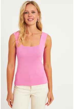 Kadın Şeker Pembe Kare Yaka Triko Bluz YV80