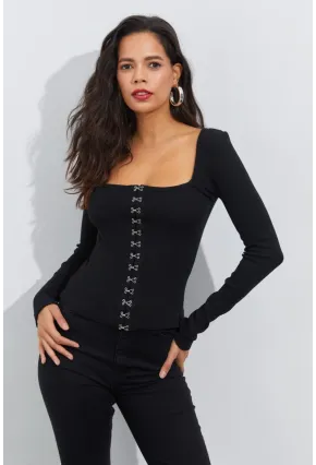 Kadın Siyah Agraflı Kaşkorse Bluz B1908