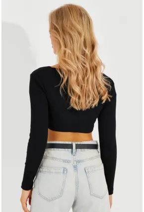 Kadın Siyah Agraflı Kaşkorse Crop Bluz EY2571