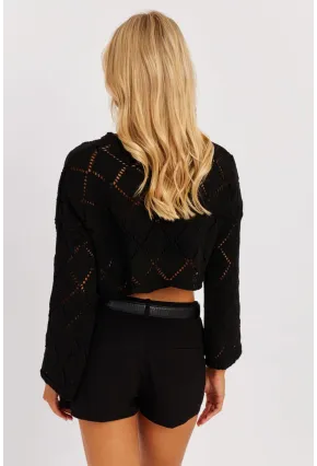 Kadın Siyah Ajurlu Kısa Triko Bluz YZ628