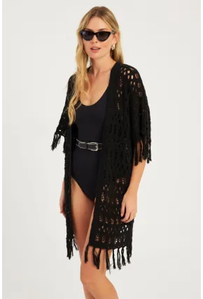 Kadın Siyah Ajurlu Püsküllü Hırka YV224