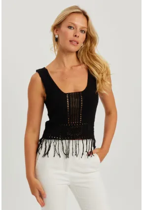 Kadın Siyah Ajurlu Püsküllü Triko Bluz YV228