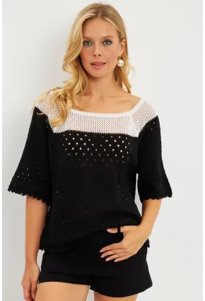 Kadın Siyah Ajurlu Triko Bluz YV230