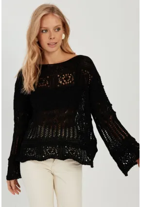Kadın Siyah Ajurlu Triko Bluz YZ620