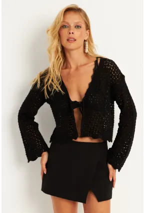 Kadın Siyah Ajurlu Triko Hırka YV248