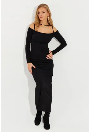 Kadın Siyah Aksesuar Detaylı Midi Elbise MEN2016