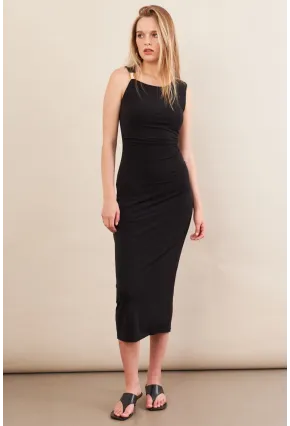 Kadın Siyah Aksesuarlı Büzgülü Midi Elbise İRE102