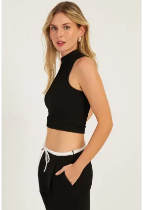 Kadın Siyah Aksesuarlı Crop Bluz CG340