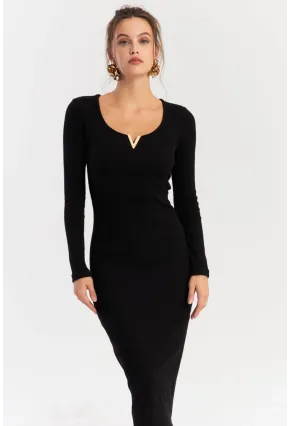 Kadın Siyah Aksesuarlı Kaşkorse Midi Elbise RLO75