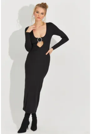 Kadın Siyah Aksesuarlı Midi Elbise EY2591