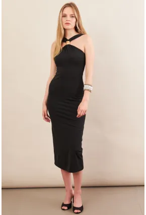 Kadın Siyah Aksesuarlı Midi Elbise İRE101