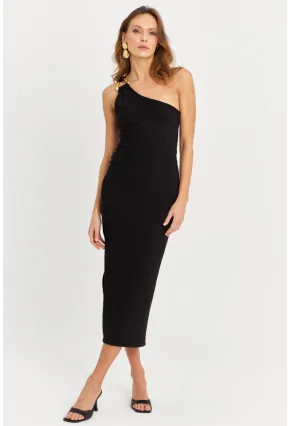 Kadın Siyah Aksesuarlı Tek Omuz Midi Elbise MOD1866