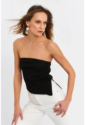 Kadın Siyah Asimetrik Crop Bluz ZH029-90