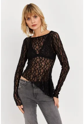Kadın Siyah Asimetrik Dantel Bluz FS9830