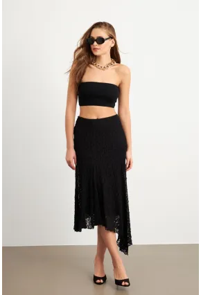Kadın Siyah Asimetrik Dantel Midi Etek ZH357