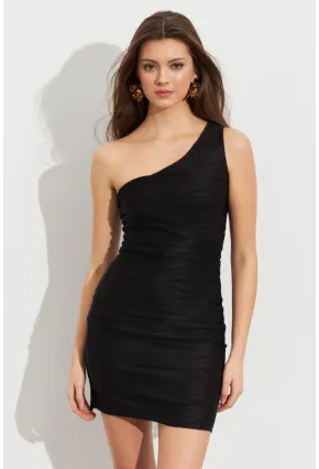Kadın Siyah Asimetrik Yaka Astarlı Mini Elbise LİT109-1