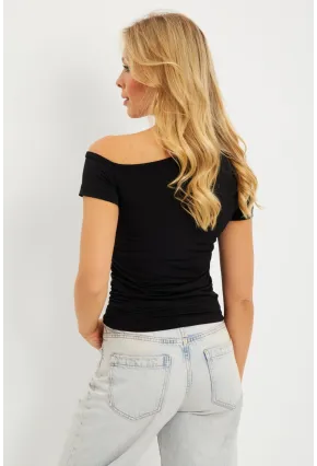 Kadın Siyah Asimetrik Yaka Büzgüllü Bluz DMR332