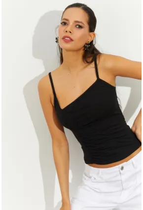 Kadın Siyah Asimetrik Yaka Büzgülü Bluz B2564