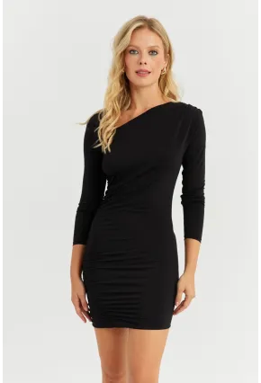 Kadın Siyah Asimetrik Yaka Büzgülü Midi Elbise KY6379