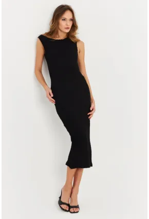 Kadın Siyah Asimetrik Yaka Gofre Midi Elbise MOD2358