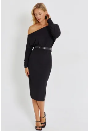 Kadın Siyah Asimetrik Yaka Kemerli Midi Elbise KED4043