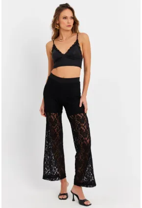 Kadın Siyah Astarlı Dantel Pantolon FLS04