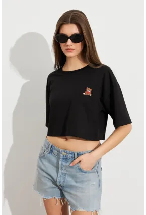 Kadın Siyah Ayıcık Nakışlı Crop T-Shirt ATS8700