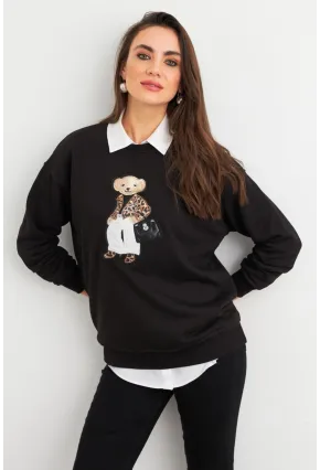 Kadın Siyah Ayıcık Nakışlı Sweatshirt PKA1590