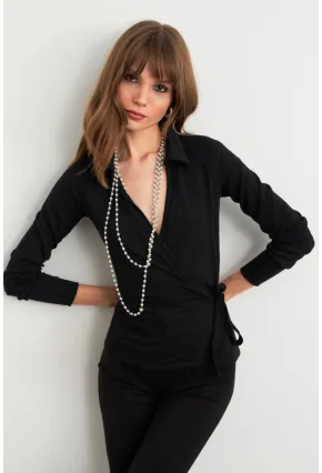 Kadın Siyah Bağlama Detaylı Bluz TF48
