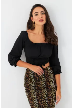 Kadın Siyah Bağlama Detaylı Crop Bluz CG387