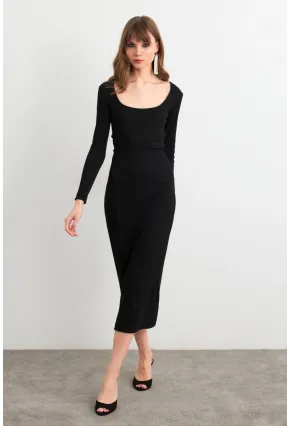 Kadın Siyah Bağlamalı Kaşkorse Midi Elbise EY3035