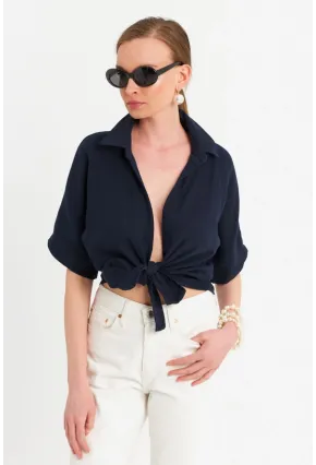 Kadın Siyah Bağlamalı Keten Bluz BTH16