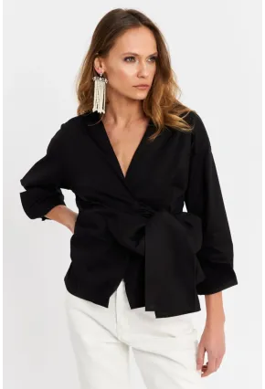 Kadın Siyah Bağlamalı Kruvaze Gömlek MFS9792