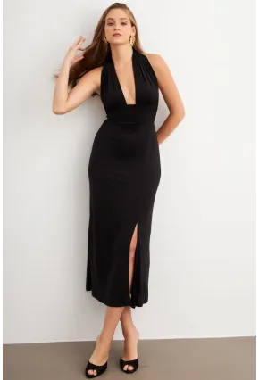 Kadın Siyah Bağlamalı Sırt Dekolteli Maxi Elbise UG2003