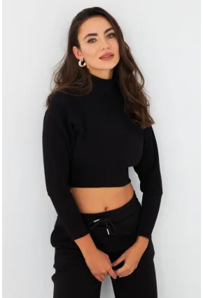 Kadın Siyah Balıkçı Crop Sweatshirt DY1469