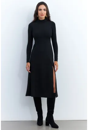 Kadın Siyah Balıkçı Yaka Midi Elbise HOR15
