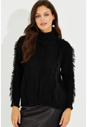 Kadın Siyah Balıkçı Yaka Püsküllü Triko Kazak KZ2471