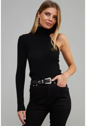 Kadın Siyah Balıkçı Yaka Tek Kol Kaşkorse Bluz EY1118